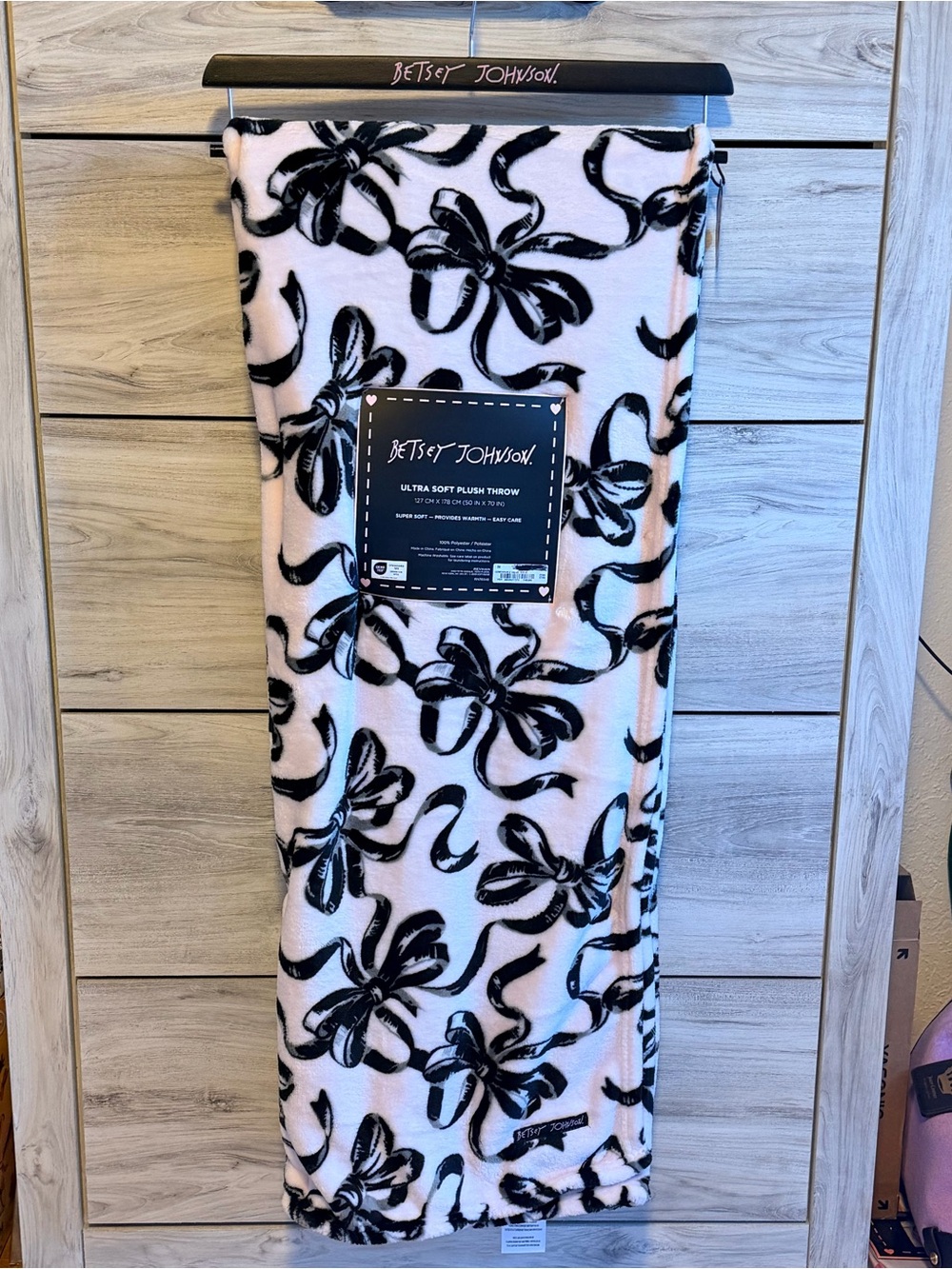 Betsey Johnson Plush Throw Blanket - White & Black Bow Print